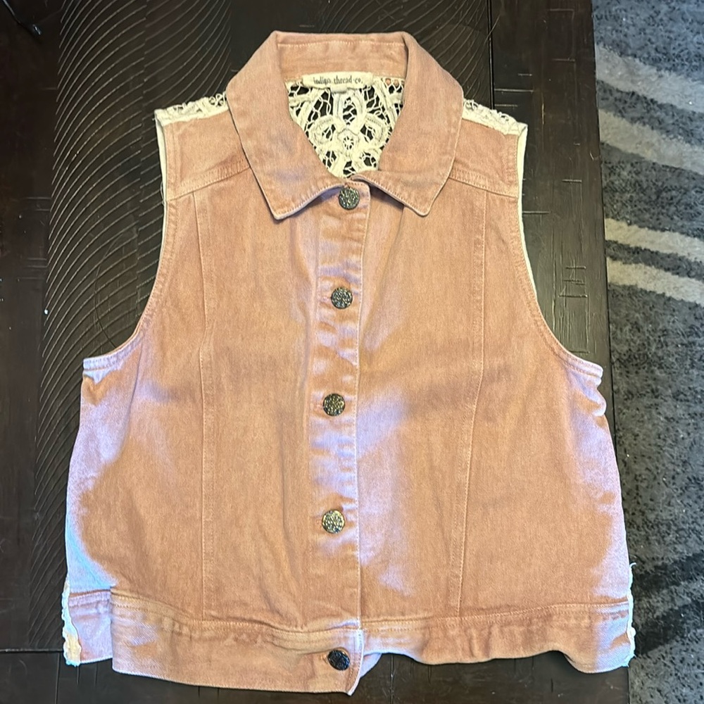 Rose-colored denim button-down vest with lace back